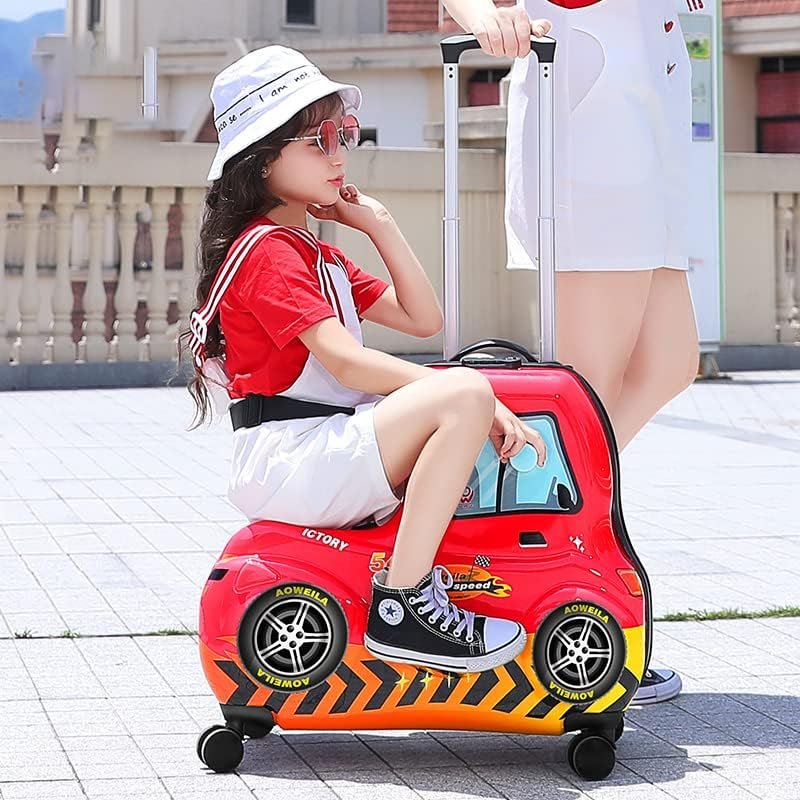 Kids Checked Ride on Luggage, 24 Inch Large Suitcase for Teens, Hardside Spinner Trunk with 360 Wheels, International Travel, Red car - Image 6