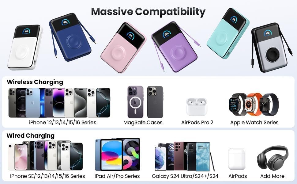 Magnetic Portable Charger 10800mAh with Built-in Cables,Qi2 Certified 15W Wireless Power Bank for Magsafe,30W PD Fast charging USB-C Travel Essential Battery Pack for iPhone 17/16/15/14/13,Apple Watch - Image 8