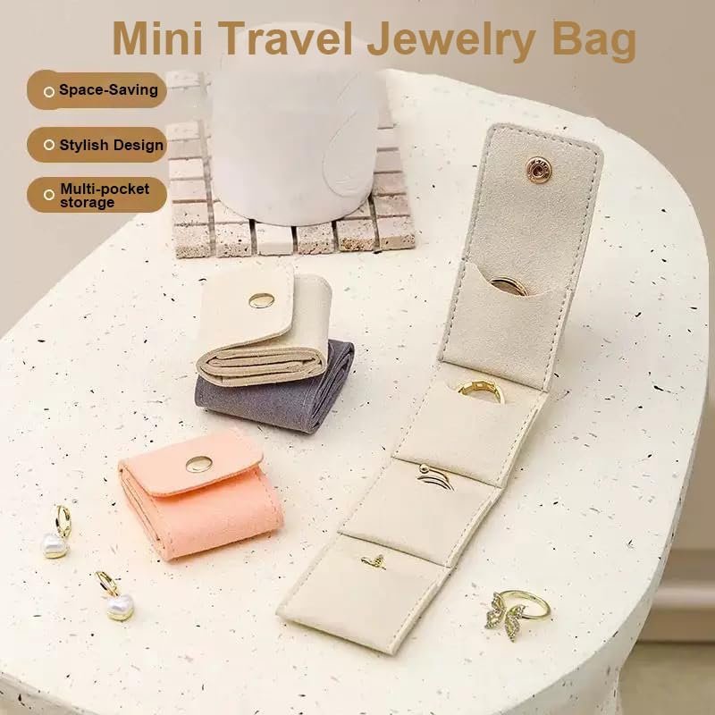 Mini Travel Jewelry Bag, Mini Travel Jewelry Roll Bag with Buckle, Portable Foldable Travel Jewelry Organizer Case, Small Jewelry Box for Earrings, Rings, Necklaces (Gray+Pink+White) - Image 2